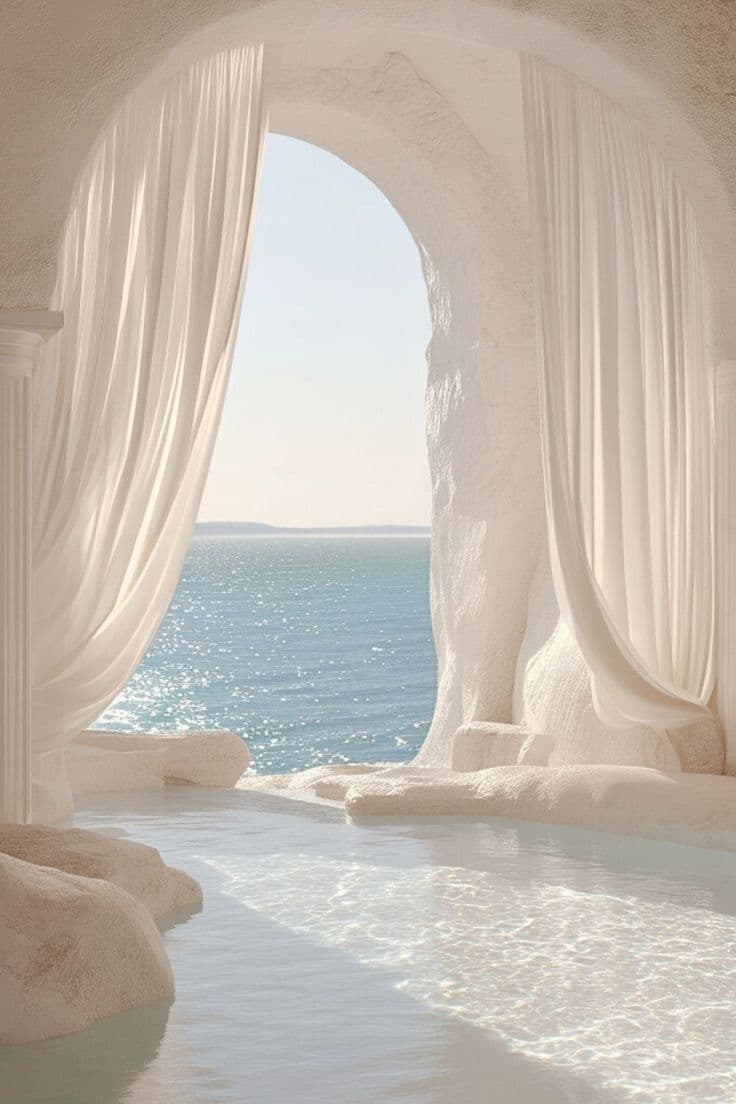 A white stone arch opening onto the ocean, with soft curtains and a still pool. Atmospheric imagery, not a retreat venue.